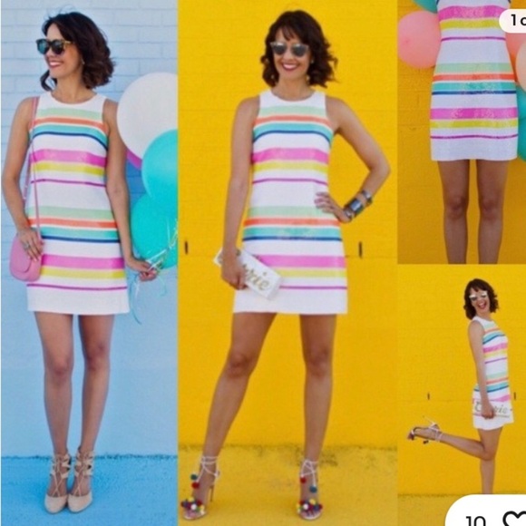 Kate Spade White Pink Cape Multi Stripe Sequin Lined Shift Dress Size 6 Party - Picture 10 of 15